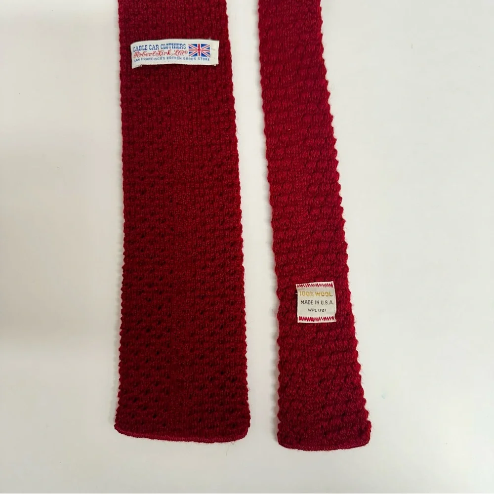 Vintage Wool CABLE CAR CLOTHIER San Francisco Red Knit Blunt-End Knit Tie 3”